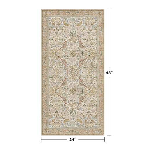 Beige 2x4 Washable Rug for Bathroom, Entryway Non Slip - Soft Low Pile Boho Small Throw Rugs for Kitchen, Powder Room - Unique Boho Bird Botanical Decorative Door Mats Stain Resistant - color: Beige, size: 2' x 4' (Rectangular)