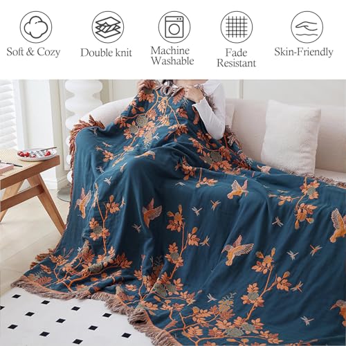 Snycler Boho Throw Blanket for Bed, 100% Organic Cotton Muslin Soft Throw-Floral Bird Farmhouse Rustic Spring Summer Fall Decor Blanket for Couch Sofa Quilt and Gift, 60" x 80" Orange - color: Orange Floral Bird, size: 60"x80"