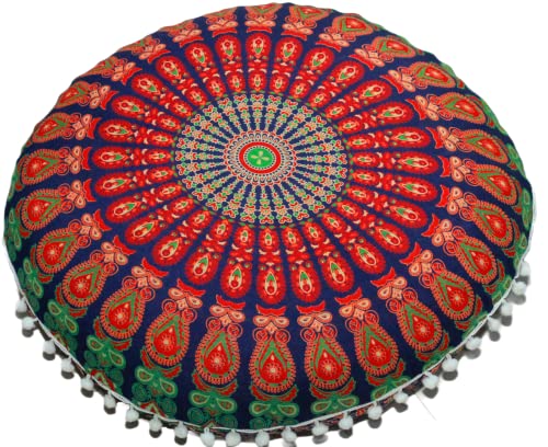 CRAFT KALA 32" in Round Mandala Floor Pillow Cushion Cover Seating Throw Cover Hippie Decorative Bohemian Ottoman Poufs Pillow Cover Cases Boho Cotton Living Yoga Home Décor Room (Multi Mirchi) - color: Multi Mirchi