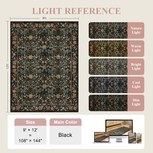 DUKINO 9x12 Area Rugs for Living Room, Large Soft Vintage Floral Washable Rug, Non Slip Indoor Floor Low Pile Carpets for Bedroom, Farmhouse, Dining Room, Nursery, Home Office, Black - color: Black, size: 9' x 12' (Rectangular)