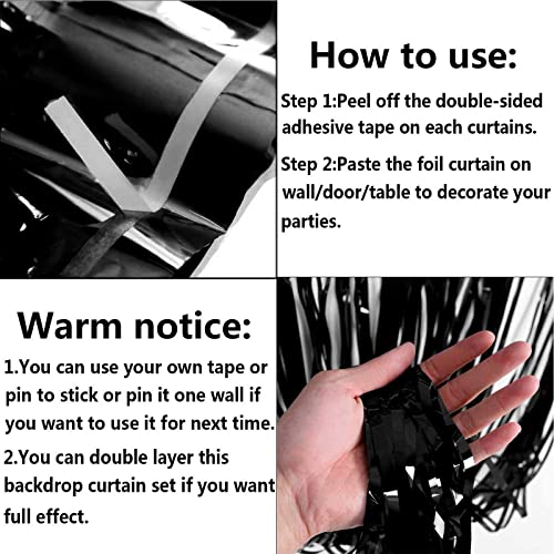 4 Pack Black Foil Fringe Curtain Backdrop, 3.28Ft x 8.2Ft Metallic Tinsel Streamer Curtains for Party, Photo Booth Props, Birthday, 2022 Graduation Decoration Party Supplies - color: Black