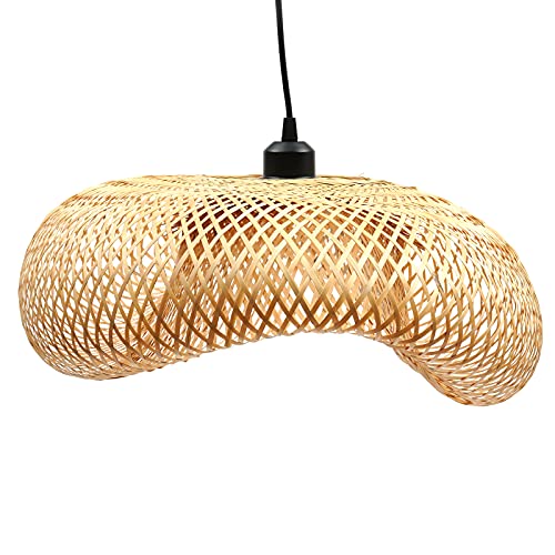 Hand-Woven Bamboo Pendant Light, Lantern Lamp Rattan Single Light Weaving Natural Wooden Ceiling Hanging Fixture with Adjustable Cord for Kitchen Dining Room Restaurant Farmhouse - color: Semicircle,Style 3