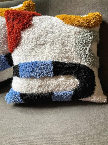 Abstract Tufted Throw Pillow Cover, Modern Geometric Art Decorative Pillowcase, Colorful Red Yellow Blue Black Tufted Cushion Cover for Sofa Couch Living Room Bedroom, 18x18 Inch (Pillow Insert Not In