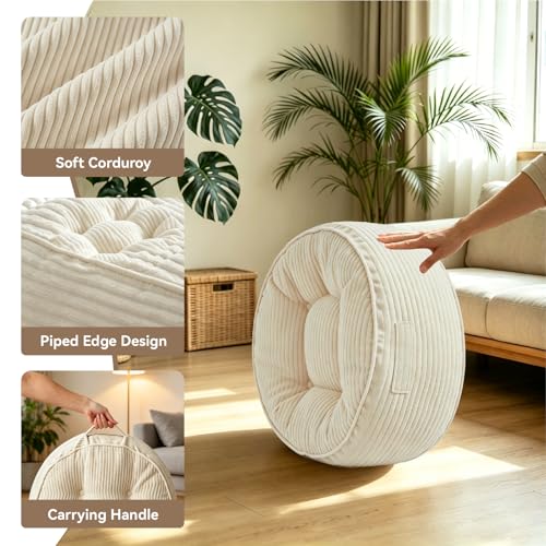 11" Washable Round Floor Pillow for Adults Thick Meditation Cushion for Sitting Large Yoga Pillows on Floor Ottoman to Elevate Leg for Tatami Living Room, 22x22 Inch, Cream - color: Cream