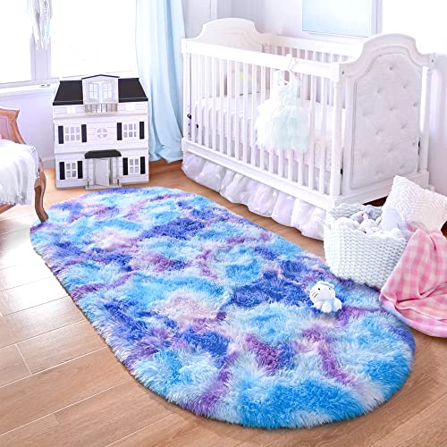 junovo Ultra Soft Washable Shaggy Rug - Non-Slip Oval Carpet for Nursery, Kids Bedroom & Home Decor (2.6x5.3ft Tie-Dye Blue Purple) | Plush Fluffy Floor Mat for Cozy Living Spaces - color: Tie-dye Blue Purple, size: 2.6' x 5.3'