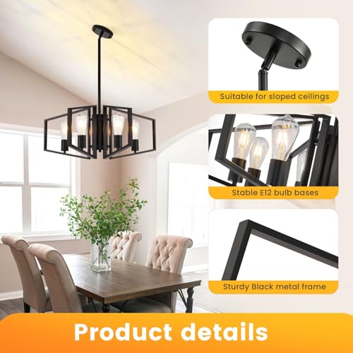 WJShome Black Chandelier, 4-Light Farmhouse Dining Room Light Fixture/Chandelier Over Table, Geometric Pendant Lights Kitchen Island, for Entryway, Foyer, Hallway - color: Black