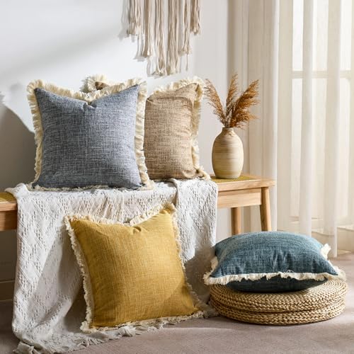 Mustard Yellow Faux Linen Decorative Throw Pillow Covers 18x18 Inch Set of 2 Boho Farmhouse Pillowcases with Tassels Rustic Woven Textured Burlap Cushion Cases for Sofa Bed Living Room Home Decor - color: Mustard Yellow, size: 18" x 18" (Pack of 2)