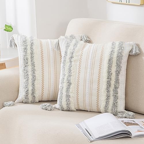 decorUhome Summer Decorative Boho Throw Pillow Covers 18x18 Set of 2, Accent Neutral Textured Tufted Pillow Covers Striped for Couch Bed Sofa Living Room, Light Grey and Cream White - color: Light Grey and Cream White, size: 18" x 18" (Pack of 2)