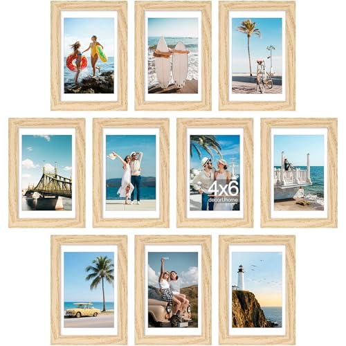 decorUhome 4x6 Picture Frame Set of 10, Display Photos 3.5x5 with Mat or 4x6 Unmatted for Picture Frames Collage Wall Decor, Natural - color: Natural, size: 4x6