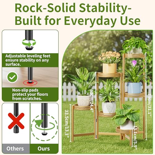 6 Tiered Plant Stand Indoor for Multiple Large Planter, Tall Heavy Duty Adjustable Folding Rack with Rustproof 7.9 Inch Wide Tray, Plant Shelf for Corner Living Room - GoldWave - color: GoldWave, size: 6-tiers