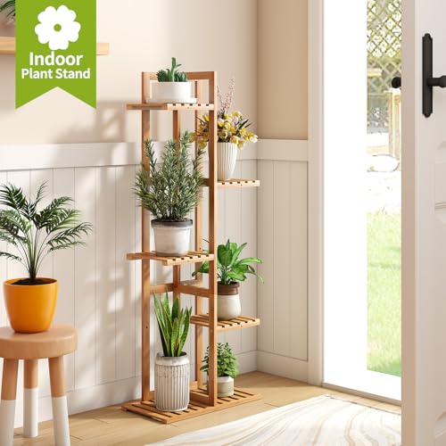 BMOSU Bamboo Plant Stand for Indoor Outdoor Plants Corner Tall Plant Shelf 6 Potted Holder Shelf Plant Rack Holder Display Rack(Natural) - color: Natural
