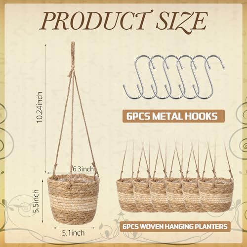 6 Pcs Seagrass Hanging Planter Basket Hand Woven Plant Basket with Plastic Liners Hanging Plant Holder Storage Containers with Cotton Rope for Indoor Outdoor Garden Home Decor(Beige) - color: Beige, size: Small