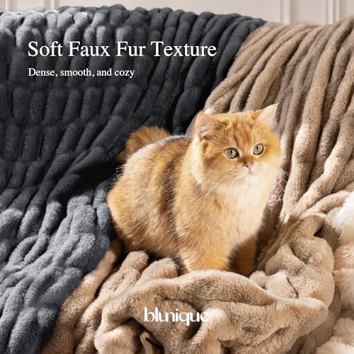 Ultra Soft Cozy Faux Fur Throw Blanket, Fuzzy Plush Thick Bubble Blanket, Oversize Luxury Fluffy Blanket for Couch, Sofa, Bedroom, and Living Room,50x60 Inches,Double Sided Charcoal Gray - color: Double Sided-charcoal Gray, size: Throw