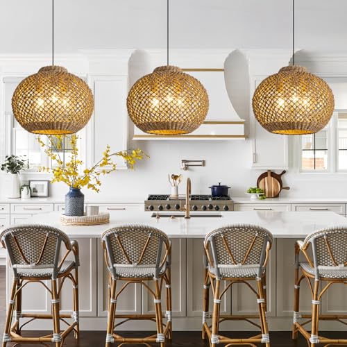 17" Farmhouse Rattan Chandelier 3-Lights Large Natural Wicker Pendant Light Boho Round Hand-Woven Seagrass Dining Room Lighting Fixture for Living Room Entry Bedroom Cafe Kitchen Island - color: Brown-17"-3-lights