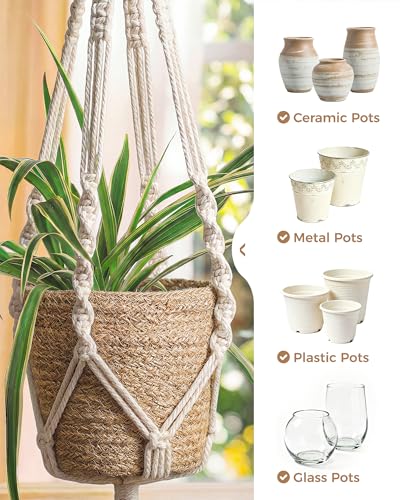 Bamworld Macrame Plant Hanger Indoor Hanging Planter for Plants Hanging Plant Basket Macrame Wall Hanging Planters Boho Decor Home Room Decor Aesthetic 36 Inches Ivory, Set of 2
