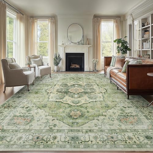 AMADA HOMEFURNISHING 9x12 Area Rug, Washable Low-Profile Large Area Rug with Non-Slip Backing & Durable Edge Binding, Vintage Large Rugs for Living Room, Bedroom - color: Green, size: 9' x 12' (Rectangular)