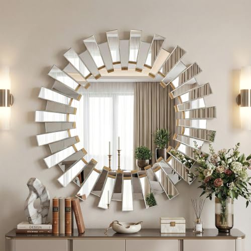 26" Inch Sunburst Wall Mirror Modern Round Decorative Mirror for Living Room Bedroom Entryway Gold Metal Frame Large Accent Mirror Over Fireplace Mantle Vanity Circle Wall Art Home Décor - color: Sunburst-silver
