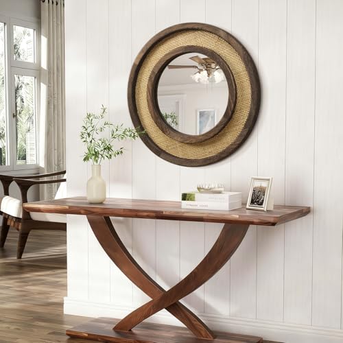 JJUUYOU Round Mirror with Wood Frame Circle Mirrors for Wall 20 Inch Circular Hanging Mirrors for Living Room Bathroom Vanity Entryway Hallway Dark Brown - color: Round Mirror-dark Brown, size: 20"L x 20"W