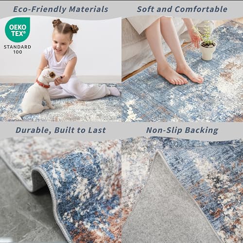 2x8 Washable Non-Slip Hallway Runner Rug – Modern Coastal Abstract Neutral Stain-Resistant Low-Pile Carpet Runner for Kitchen Entryway Bedroom Bathroom (Blue Rust,2x8) - color: Blue Rust, size: 2' x 8' (Rectangular)