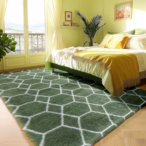 ONASAR Area Rugs for Bedroom Living Room, 4x6 Fluffy Olive Green and White Throw Rug, Soft Plush Fuzzy Shaggy Geometric Floor Carpet for Nursery Kids Girls Boys Teen Dorm Home Decor Aesthetic - color: Olive Green / White, size: 4' x 6' (Rectangular)