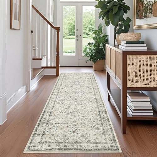 COZYLOOM Beige Vintage Washable Rug for Living Room 2x6 Non-Slip Non-Shedding Floral Runner Rug, Low Pile Stain Resistant Distressed Carpet, Indoor Foldable Floor Mats for Hallway Entryway Bedroom - color: Boho|beige, size: 2' x 6' (Runner)