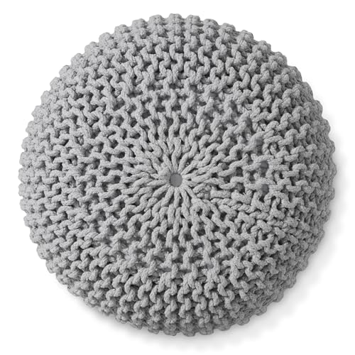 Casafield Round Pouf Ottoman, Light Gray - 20" Diameter x 14.5" High Cotton Knit Foot Stool - Boho Floor Pouffe for Living Room, Bedroom, Home Office - color: Light Gray, size: 20"D x 20"W x 14.5"H