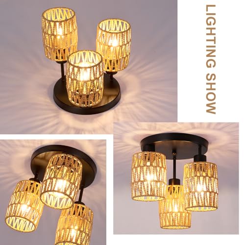 Surpars House Boho Rattan Ceiling Light Fixture, Mini Rattan Chandelier Lighting Fixture, Hand Woven Ceiling Light Fixtures for Hallway Bedroom Kitchen Entryway Living Room (Brown) - color: Brown