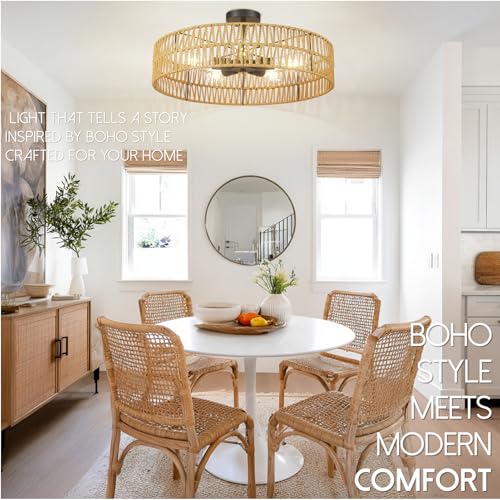 Hamilyeah 24 inch Rattan Boho Flush Mount Ceiling Light Fixture with 5 Light,Woven Light Fixtures Ceiling Mount for Living Room, Bedroom, Kitchen - color: 24INCH Black Semi Ceiling Light
