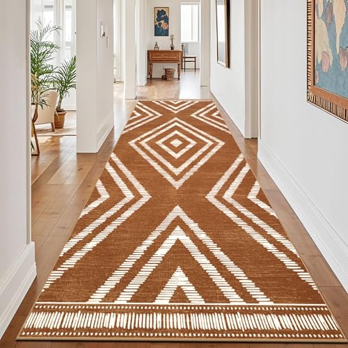 Boho 4x10 Hallway Runner Rugs Non Slip, Long Brown Washable Farmhouse Kitchen Rug Runners Non Shedding, Moroccan Floor Carpets for Bedroom Entryway Living Room Home Decor - color: Brown, size: 4' x 10' (Rectangular)