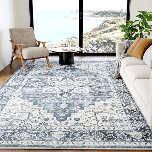 AMADA HOMEFURNISHING 6x9 Area Rugs, Blue Low-Profile Washable Rug with Non-Slip Backing & Durable Edge Binding, Vintage Rugs for Living Room, Bedroom, Dinning Room - color: Blue, size: 6' x 9' (Rectangular)