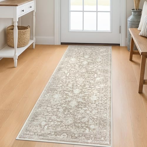 KILOCOCO Hallway Runner 2x5 Kitchen Runner Rug Printed Vintage Floral Washable Non-Slip Runners for Hallways Laundry Room Rugs Distressed Boho Rug for Bedroom, Beige - color: Beige/White, size: 2' x 5' (Runner)