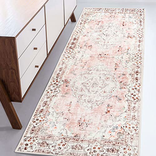 MUJOO Non Slip Boho Pink Runner Rug, Machine Washable for Hallways Entryway Kitchen Bathroom Bedside Retro Soft Low-Pile 2'x6' Blossom - color: Pink, size: 2' x 6' (Rectangular)