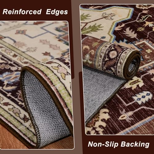 Macgace 3x5 Mousse Brown Area Rug for Living Room, Machine Washable Rugs with Non-Slip Backing for Bedroom, Vintage Medallion Carpet Kitchen Laundry Kids Room Decor - color: Brown & Beige, size: 3' x 5' (Rectangular)
