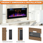 BETELNUT 40" Electric Fireplace Wall Mounted and Recessed with Remote Control, 750/1500W Ultra-Thin Wall Fireplace Heater W/Timer Adjustable Flame Color and Brightness, Log Set & Crystal Options - size: 40 Inch