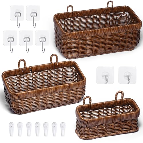 Hanging Baskets, Handmade Wall Basket With Hooks, Boho Storage Baskets for Home, Porche, Kitchen, Bathroom Organizing, 3 PCS - color: Brown, size: S+M+L