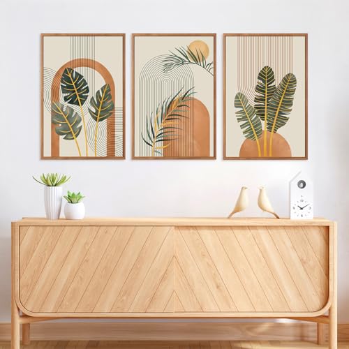 KAIRNE Boho Canvas Wall Art,Abstract Minimalist Room Decor,Tropical Botanical Wall Decor,Mid-Century Geometric Illustrations Set of 3(16”X24”),Botanical Print for Living Room Bedroom Dining Room Decor - color: Boho Botanical(medium), size: 16"Lx24"W