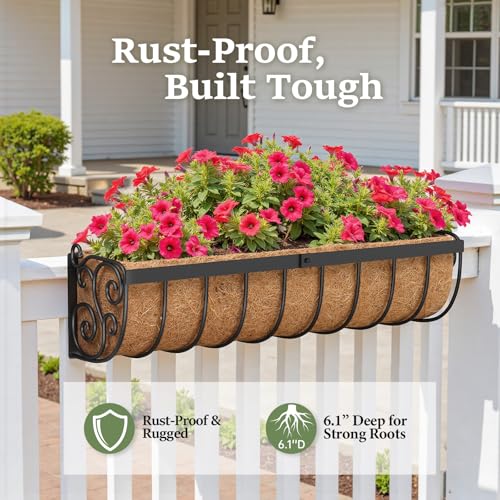 VOXOR Railing Planter Boxes, 24 Inch Window Boxes Planters, Balcony Planters with Adjustable Brackets & Coco Liner for Outdoor Fence, Deck, Porch, and Patio Gardening, 2 Pack - size: 24 Inch