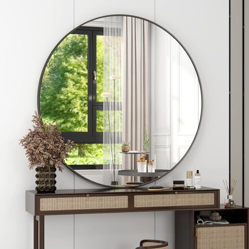 42 Inch Round Bathroom Mirror - Black Wall Mounted Circle Mirror with Metal Frame, Modern Round Hanging Mirror Suitable for Bathroom, Vanity, Entryway, Living Room - color: Black, size: 42"L x 42"W