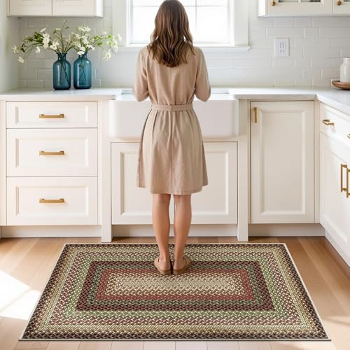 Ileading Faux Braided Indoor Door Mat 2'x3' Washable Farmhouse, No-Shed Non-Slip Woven Carpet, Pet Friendly Stain Resistant Jute Style Rug for Entryway Kitchen Laundry Room - color: Multi Color-red, size: 2' x 3'(Rectangular)