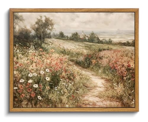 OIQArtOIQ Framed Canvas Wall Art,Vintage Decor,Landscape Nature Country Wildflower Paintings Cottagecore Pictures Modern Artwork Rustic Fall Flower Prints Farmhouse Office Living Room Bedroom Bathroom - color: Wildflower Path, size: 8x10 in