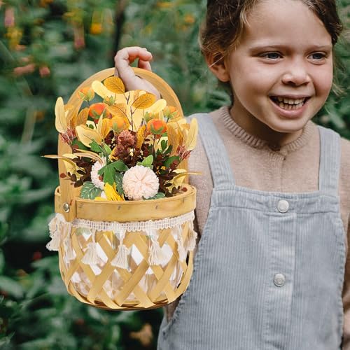 GLEAVI Woven Flower Basket with Handle, Multi-Purpose Handcrafted Planter Basket for Indoor Plants, Rustic Hollow Round Design, Natural Material Organizer for Home Garden
