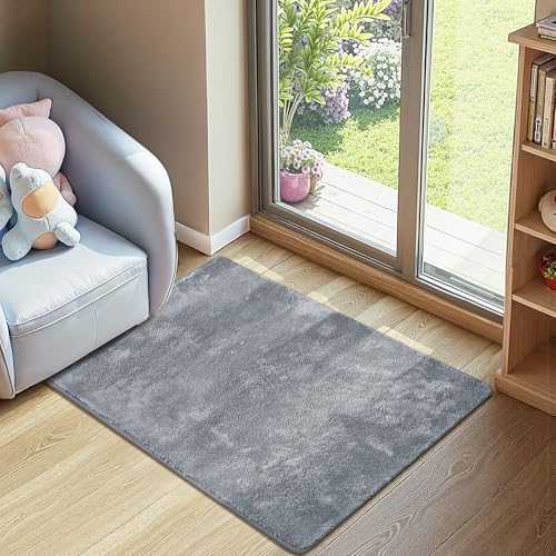 jinchan Solid Plush Area Rug 2x3 Performance Shaggy Washable Rug Indoor Entryway Doormat Soft Modern Faux Wool Cozy Non Slip Carpet for Living Room Kid Room Bedroom Nursery Grey - color: Solid Grey, size: 2' x 3' (Rectangular)
