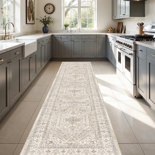 3x12 Runner Rug for Hallway Washable: Non Slip Kitchen Rugs with Rubber Backing Soft Waterproof Mats Stain Resistant Indoor Vintage Carpet Runner for Bedroom Bathroom Laundry Entryway Beige/Gray - color: Beige/Gray, size: 3' x 12' (Rectangular)