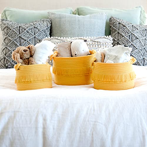 NaturalCozy 3-Piece Boho Decor Storage Basket Set – Cotton Rope Woven Baskets for Organizing! Small Basket for Baby Stuff, Baby Shower, Gift Basket, Nursery Baby Basket, Planter, Toy Basket, Shelves - color: Gold