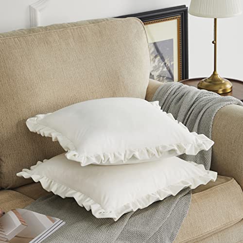 GIGIZAZA Velvet Cream 22x22 Pillow Covers, Set of 2 Decorative Ruffle Ivory Cushoin Pillow Covers for Sofa Couch - color: Ivory, size: 22" x 22" (Pack of 2)