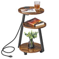 BEWISHOME Round End Table with Charging Station, Side Table Accent Nightstand Bedside Table with 3-Tier Shelves, Small Couch Table for Living Room Bedroom Rustic Brown KTZ51Z - color: Rustic Brown, size: with PowerOutlet