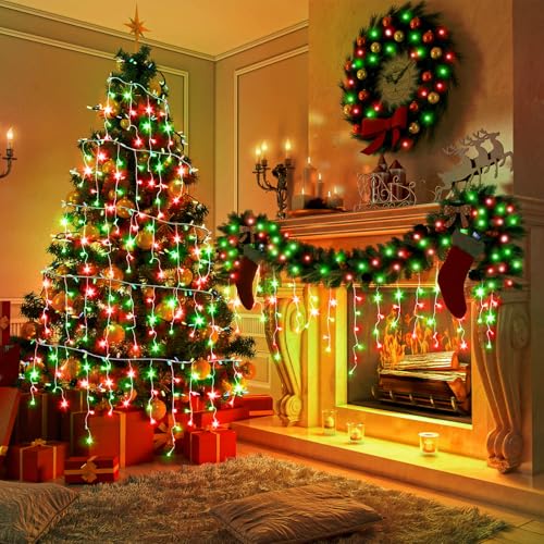 33ft Icicle Lights for Outside, Red and Green Christmas Lights Outdoor Indoor, 400 LED Twinkle String Lights with 75 Drops, Clear Wire Short Curtain Lights for Thanksgiving Room Home Wall Bedroom - color: Red and Green, size: 400LED/33ft