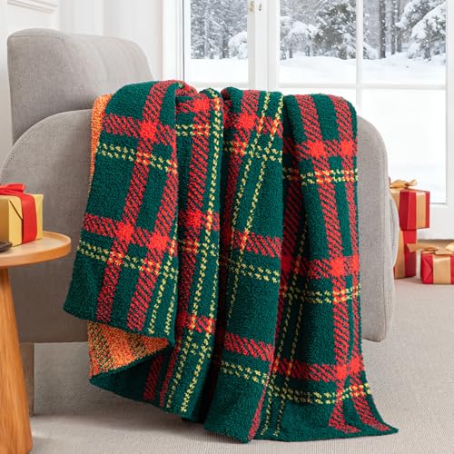 Exclusivo Mezcla Checkered Christmas Blanket, Ultra Soft and Warm Reversible Woven Knit Blanket, Lightweight Cozy Snuggly Throw for Couch Bed, Plaid Red and Green, 50"x60" - color: Red and Green, size: Throw (50"x60")