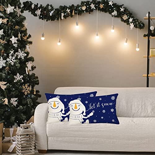 Winter Snowman Throw Waist Pillow Cases Blue White Snowflake Outdoor Let It Snow Holiday Christmas Farmhouse Decorations Pillow Covers 12x20 Inch Cotton Linen Couch Cushion Cover - color: Blue Snowman Let It Snow