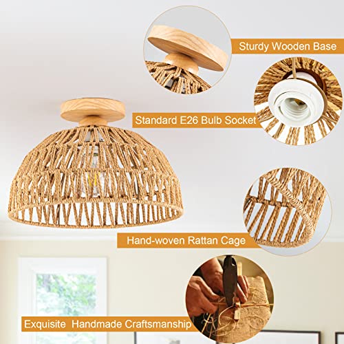 Boho Rattan Ceiling Light Fixtures Boho Lamp Shade Flush Mount Ceiling Light Hand-Woven Small Chandelier Wooden Base Chandelier Light for Hallway Bedroom Kitchen Nursery - color: Brown-Ceiling light